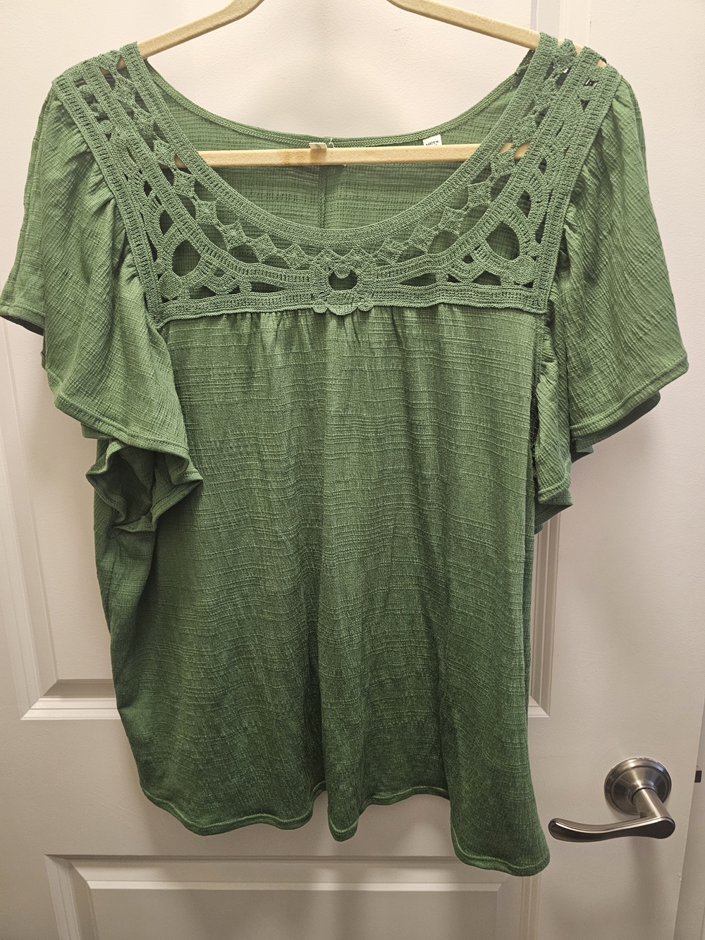 Max Studio Olive Green Crochet Yoke Flutter Sleeve Top